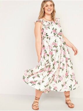 Old Navy 4X Pink Rose Floral Cottagecore Square Neck Flowy Tiered Dress NWT